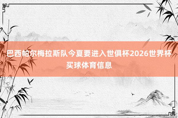 巴西帕尔梅拉斯队今夏要进入世俱杯2026世界杯买球体育信息