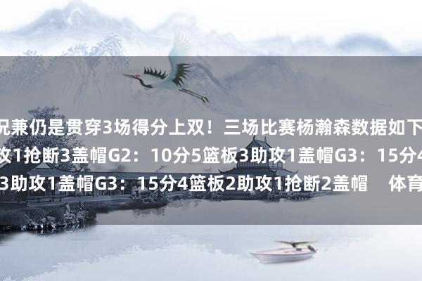 况兼仍是贯穿3场得分上双！三场比赛杨瀚森数据如下：G1：10分4篮板5助攻1抢断3盖帽G2：10分5篮板3助攻1盖帽G3：15分4篮板2助攻1抢断2盖帽    体育集锦